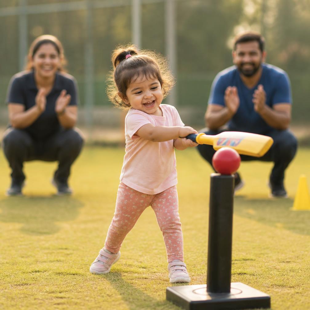 Toddler hitting a soft cricket ball off a tee while parents clap